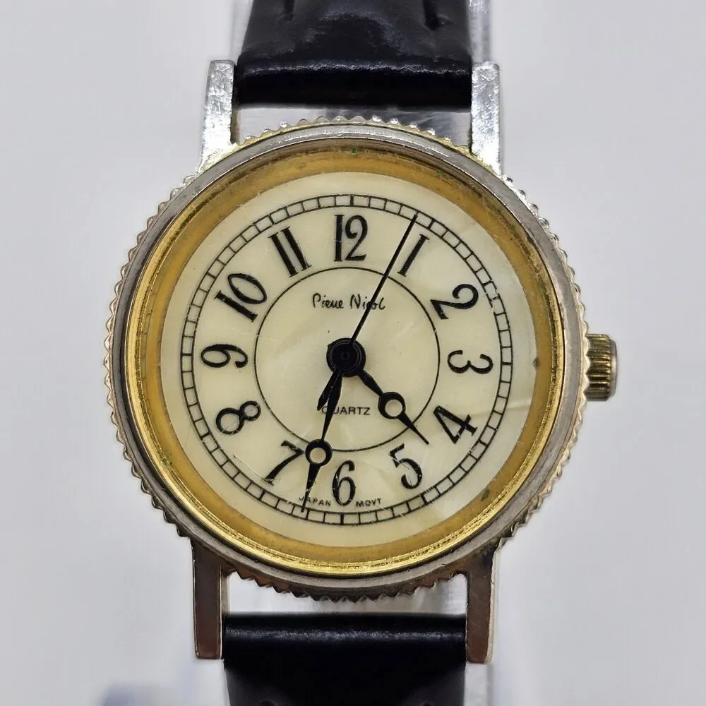 VTG Pierre Nicol Women Watch 24MM Cream Dial New Black Leather Bands New Battery